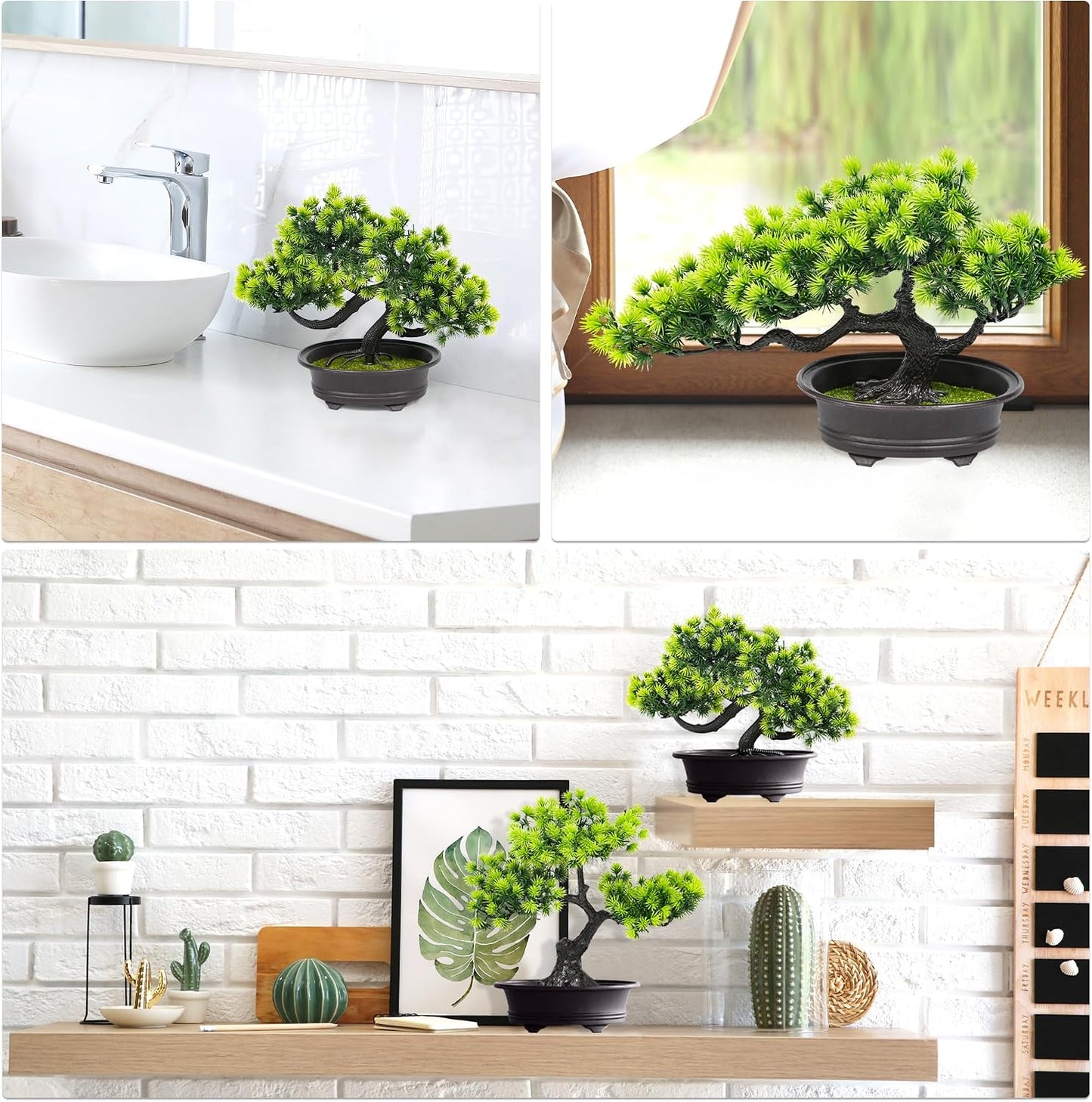 Artificial Bonsai Tree Fake Plants 3 POTS Artificial Plant Indoor Small Faux Juniper Decoration, Office Desk Shelf Bedroom Living Room Decor