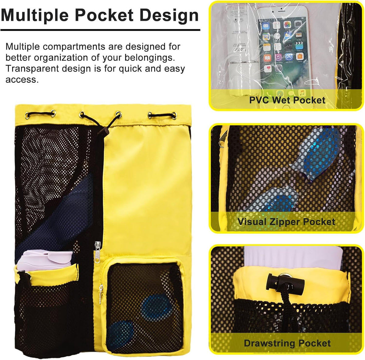 Mesh Beach Backpack with Wet Pocket Drawstring Pool Bag Waterproof Swimming Bag Gym Backpack for Men & Women