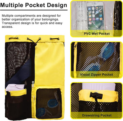 Mesh Beach Backpack with Wet Pocket Drawstring Pool Bag Waterproof Swimming Bag Gym Backpack for Men & Women