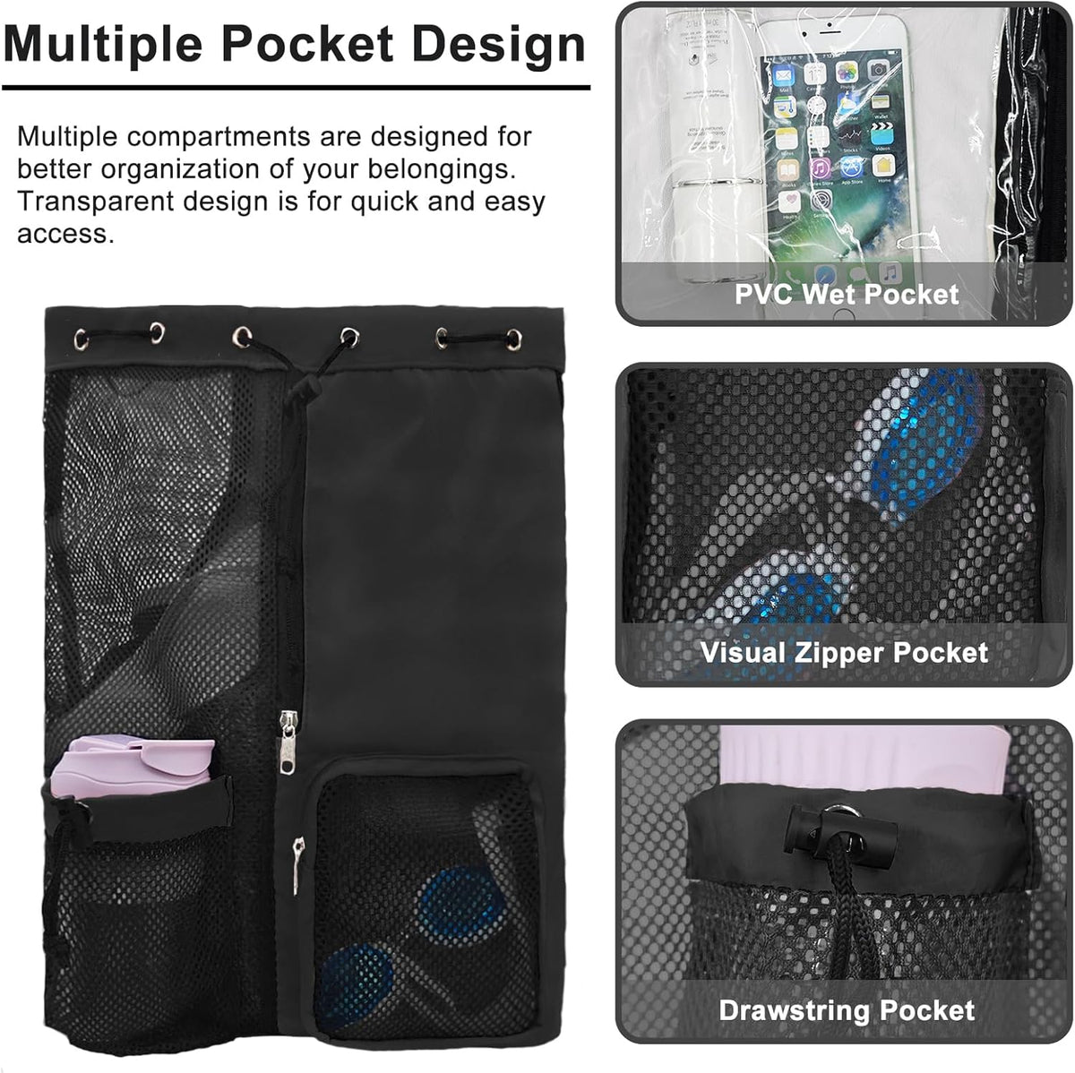 Mesh Beach Backpack with Wet Pocket Drawstring Pool Bag Waterproof Swimming Bag Gym Backpack for Men & Women