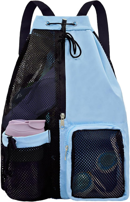 Mesh Beach Backpack with Wet Pocket Drawstring Pool Bag Waterproof Swimming Bag Gym Backpack for Men & Women
