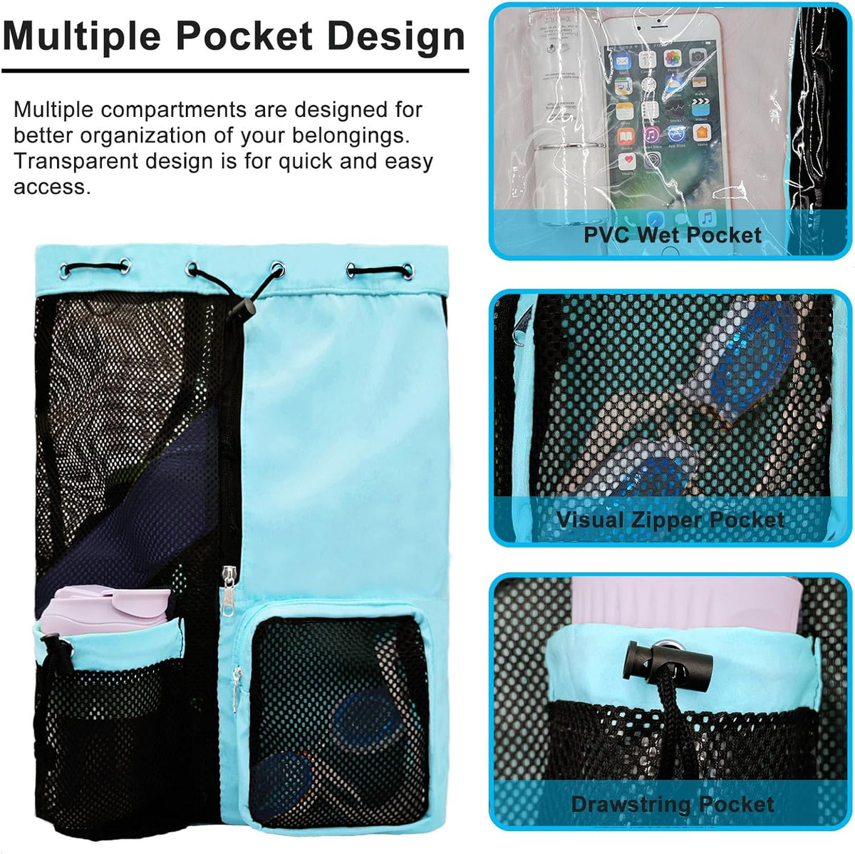Mesh Beach Backpack with Wet Pocket Drawstring Pool Bag Waterproof Swimming Bag Gym Backpack for Men & Women