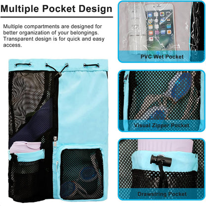 Mesh Beach Backpack with Wet Pocket Drawstring Pool Bag Waterproof Swimming Bag Gym Backpack for Men & Women