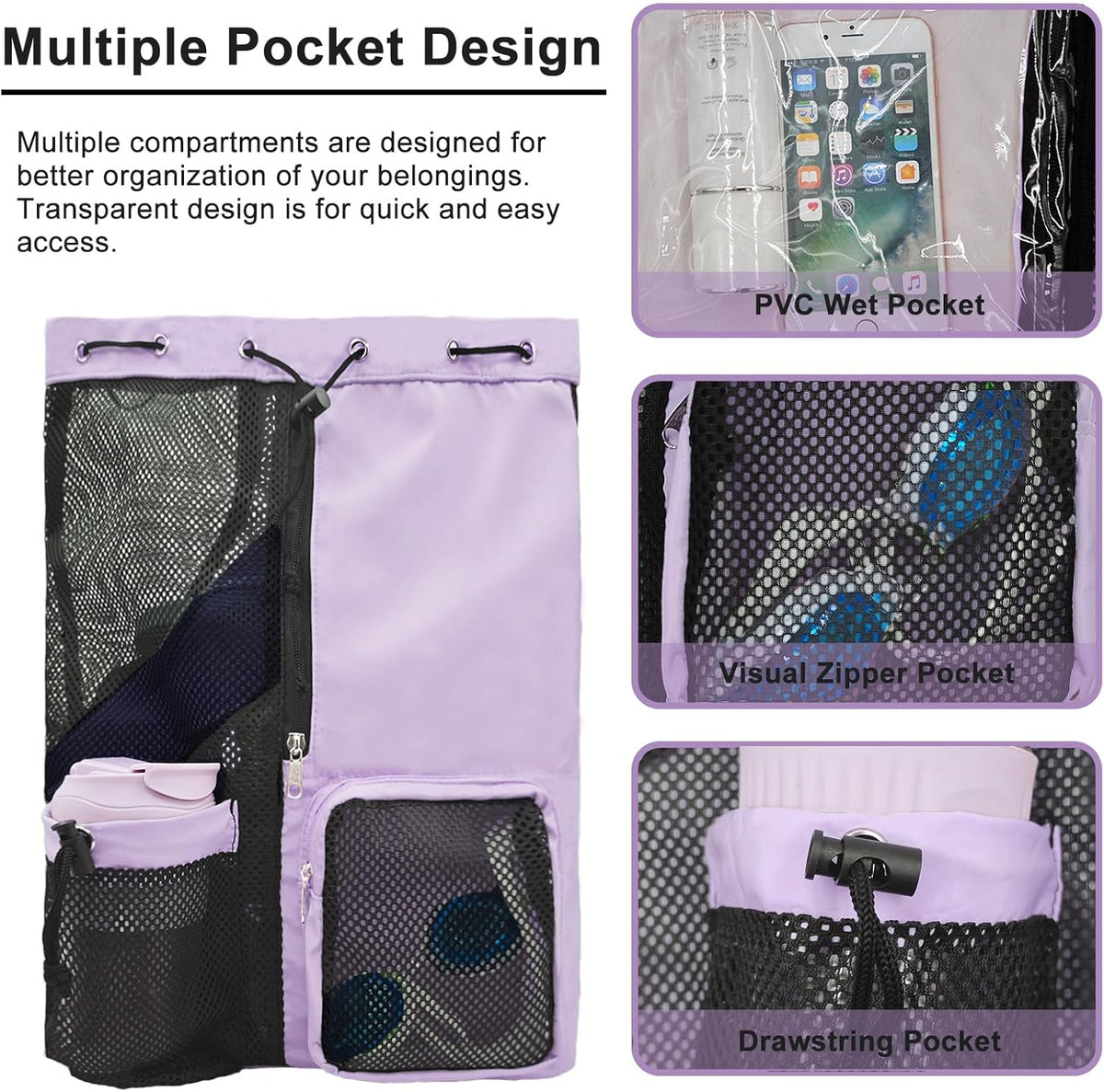Mesh Beach Backpack with Wet Pocket Drawstring Pool Bag Waterproof Swimming Bag Gym Backpack for Men & Women
