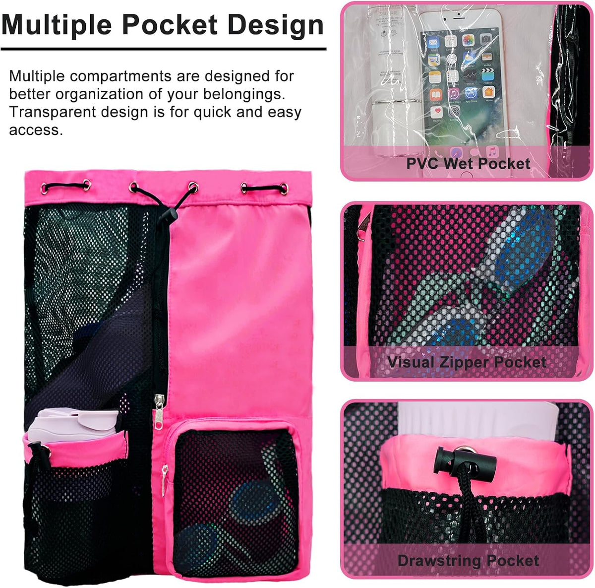 Mesh Beach Backpack with Wet Pocket Drawstring Pool Bag Waterproof Swimming Bag Gym Backpack for Men & Women