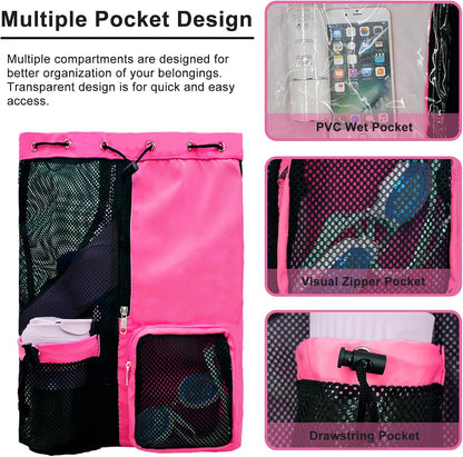Mesh Beach Backpack with Wet Pocket Drawstring Pool Bag Waterproof Swimming Bag Gym Backpack for Men & Women