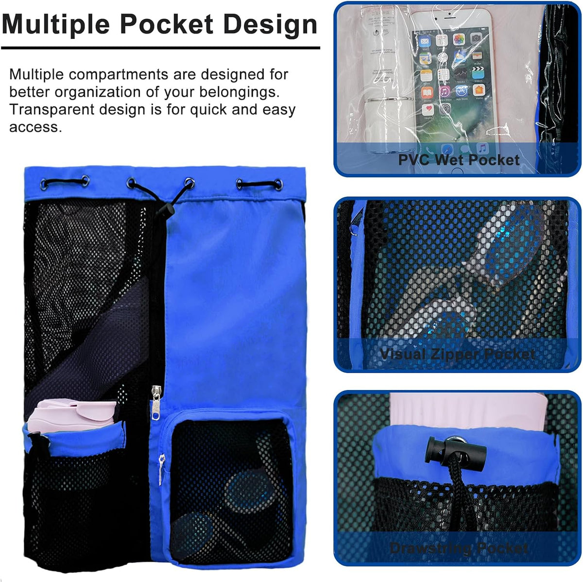 Mesh Beach Backpack with Wet Pocket Drawstring Pool Bag Waterproof Swimming Bag Gym Backpack for Men & Women