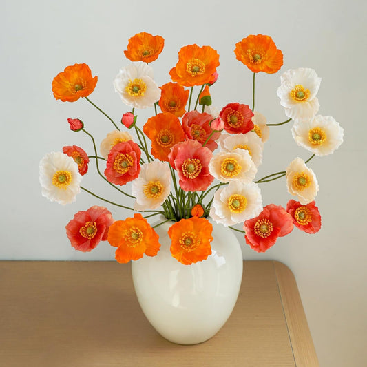 12PCS 36Heads Artificial Poppy Flowers with Stems, Silk Iceland Poppies Fake Flowers, Faux Poppy Bouquet for Wedding Table Office Party Floral Display Home Decor (Orange+Red+Champagne)