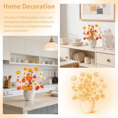 12PCS 36Heads Artificial Poppy Flowers with Stems, Silk Iceland Poppies Fake Flowers, Faux Poppy Bouquet for Wedding Table Office Party Floral Display Home Decor (Orange+Red+Champagne)