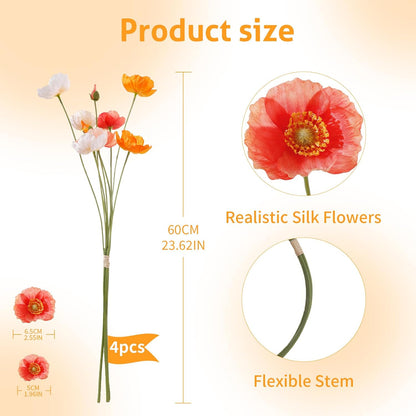 12PCS 36Heads Artificial Poppy Flowers with Stems, Silk Iceland Poppies Fake Flowers, Faux Poppy Bouquet for Wedding Table Office Party Floral Display Home Decor (Orange+Red+Champagne)
