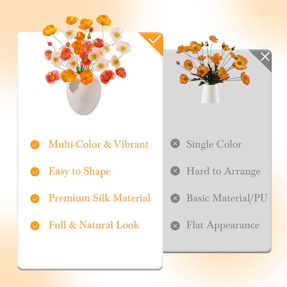 12PCS 36Heads Artificial Poppy Flowers with Stems, Silk Iceland Poppies Fake Flowers, Faux Poppy Bouquet for Wedding Table Office Party Floral Display Home Decor (Orange+Red+Champagne)