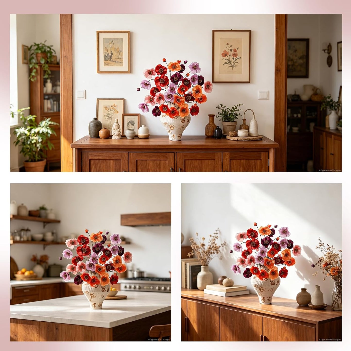 12PCS 36Heads Artificial Poppy Flowers with Stems, Silk Iceland Poppies Fake Flowers, Faux Poppy Bouquet for Wedding Table Office Party Floral Display Home Decor (Orange+Red+Champagne)