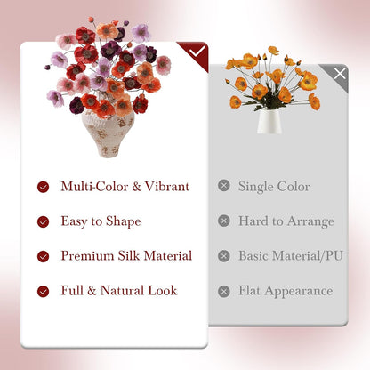 12PCS 36Heads Artificial Poppy Flowers with Stems, Silk Iceland Poppies Fake Flowers, Faux Poppy Bouquet for Wedding Table Office Party Floral Display Home Decor (Orange+Red+Champagne)