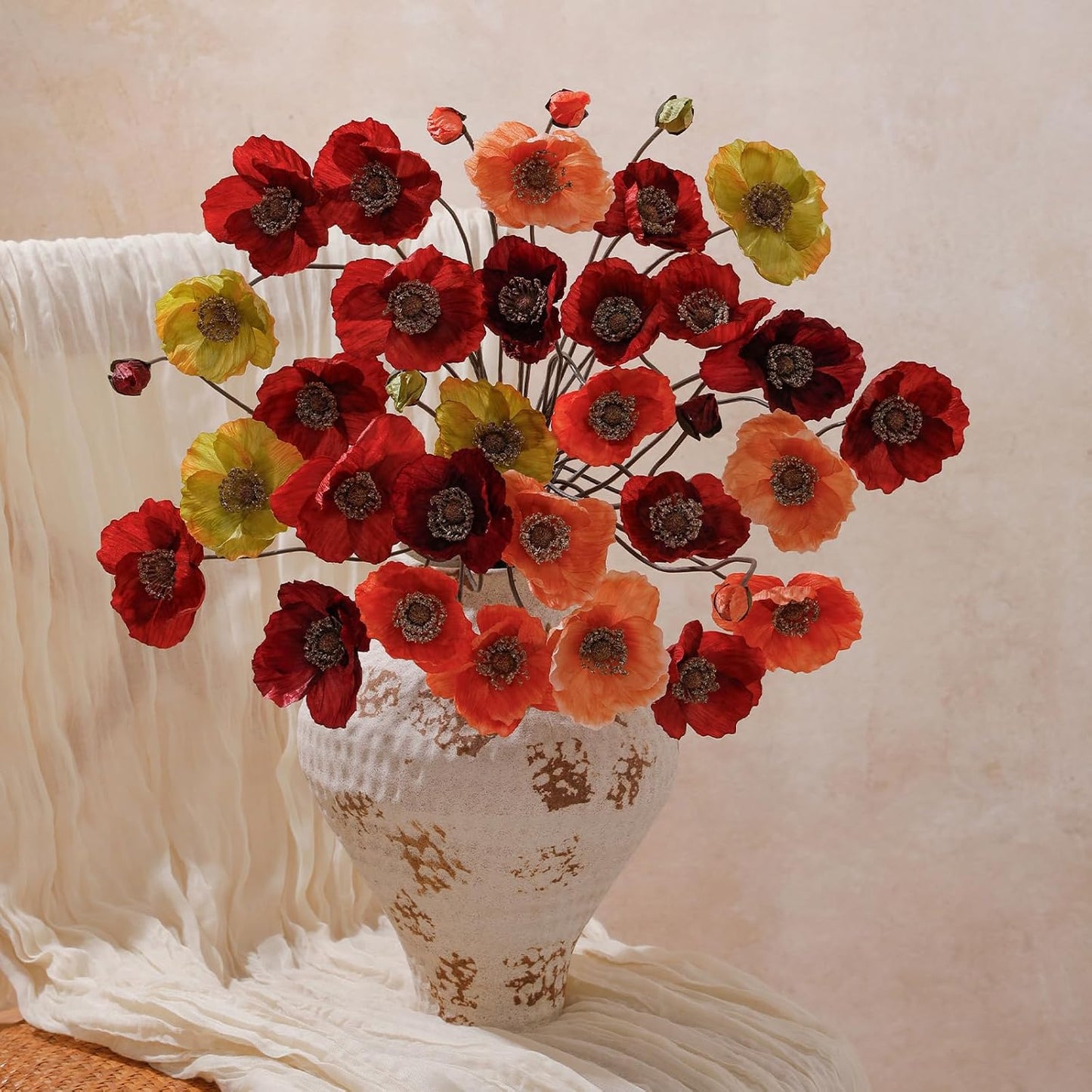 12PCS 36Heads Artificial Poppy Flowers with Stems, Silk Iceland Poppies Fake Flowers, Faux Poppy Bouquet for Wedding Table Office Party Floral Display Home Decor (Orange+Red+Champagne)