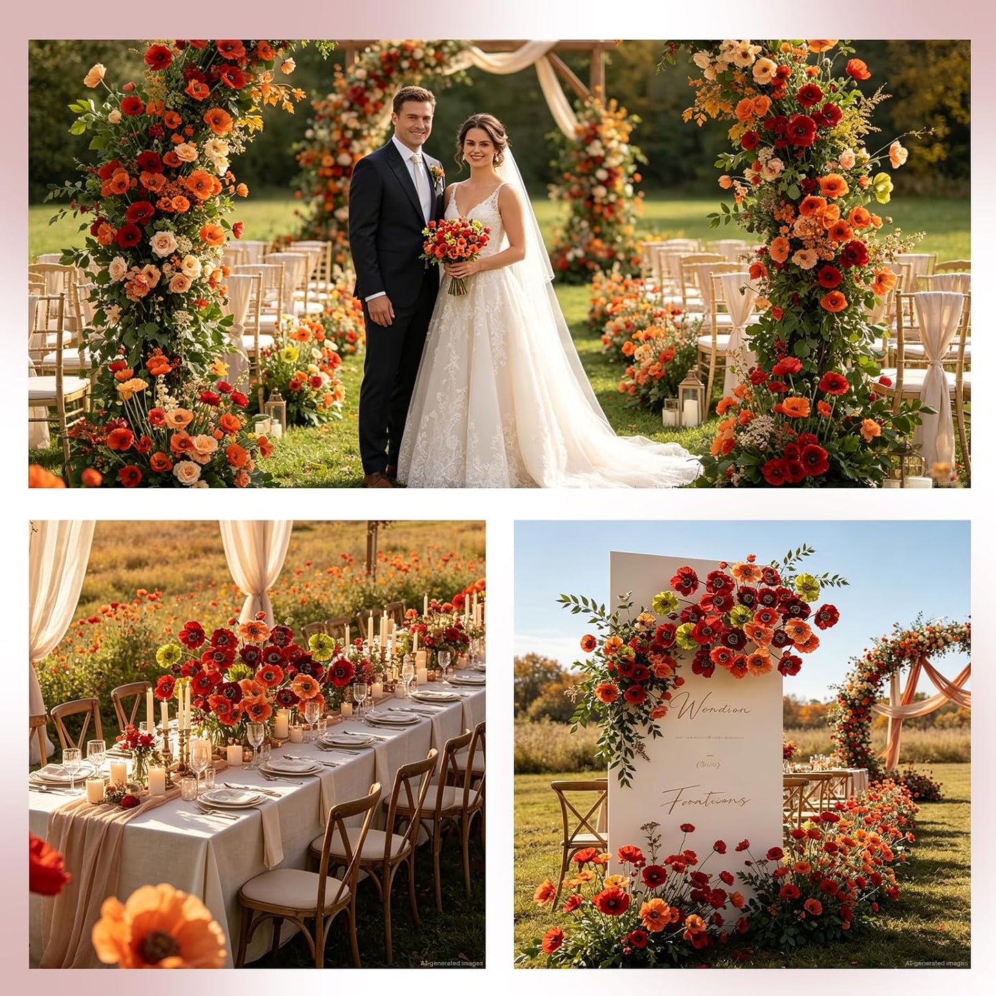 12PCS 36Heads Artificial Poppy Flowers with Stems, Silk Iceland Poppies Fake Flowers, Faux Poppy Bouquet for Wedding Table Office Party Floral Display Home Decor (Orange+Red+Champagne)