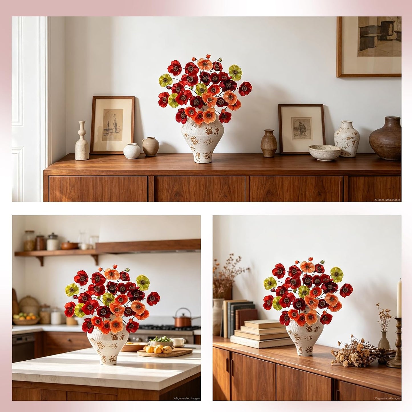 12PCS 36Heads Artificial Poppy Flowers with Stems, Silk Iceland Poppies Fake Flowers, Faux Poppy Bouquet for Wedding Table Office Party Floral Display Home Decor (Orange+Red+Champagne)