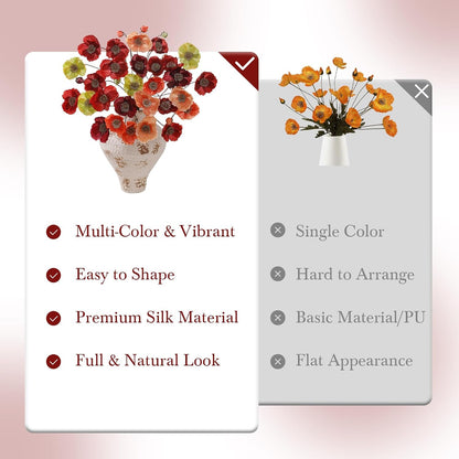 12PCS 36Heads Artificial Poppy Flowers with Stems, Silk Iceland Poppies Fake Flowers, Faux Poppy Bouquet for Wedding Table Office Party Floral Display Home Decor (Orange+Red+Champagne)
