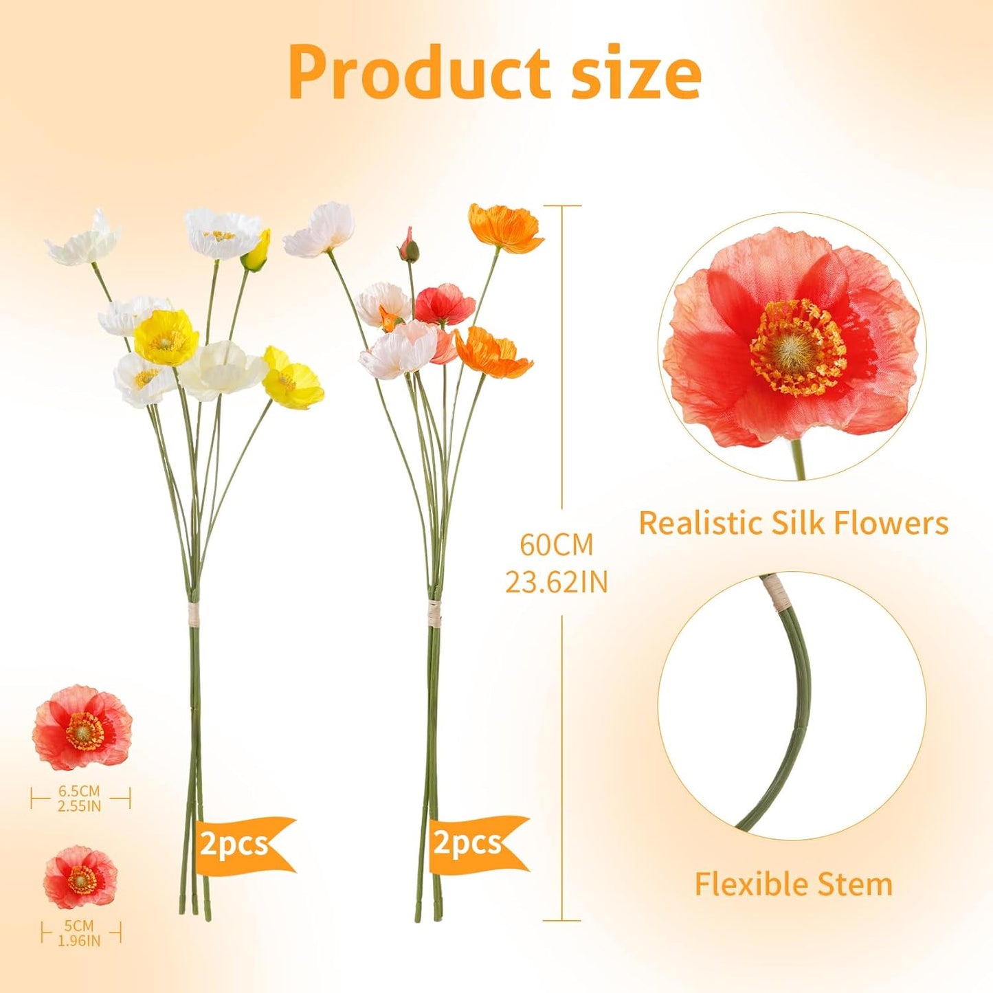 12PCS 36Heads Artificial Poppy Flowers with Stems, Silk Iceland Poppies Fake Flowers, Faux Poppy Bouquet for Wedding Table Office Party Floral Display Home Decor (Orange+Red+Champagne)