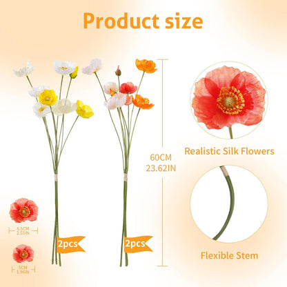 12PCS 36Heads Artificial Poppy Flowers with Stems, Silk Iceland Poppies Fake Flowers, Faux Poppy Bouquet for Wedding Table Office Party Floral Display Home Decor (Orange+Red+Champagne)