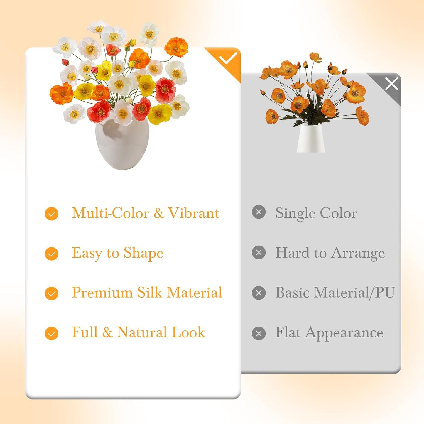 12PCS 36Heads Artificial Poppy Flowers with Stems, Silk Iceland Poppies Fake Flowers, Faux Poppy Bouquet for Wedding Table Office Party Floral Display Home Decor (Orange+Red+Champagne)