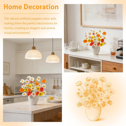 12PCS 36Heads Artificial Poppy Flowers with Stems, Silk Iceland Poppies Fake Flowers, Faux Poppy Bouquet for Wedding Table Office Party Floral Display Home Decor (Orange+Red+Champagne)