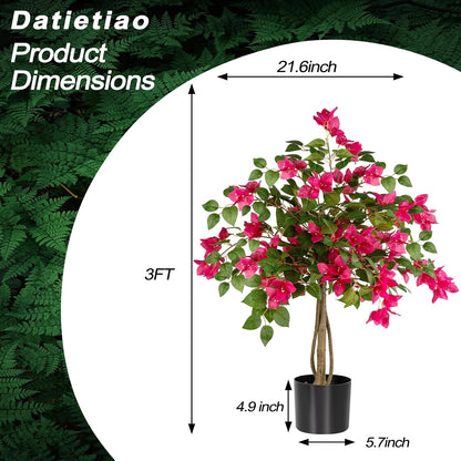 3FT Artificial Bougainvillea Tree with Lush Pink Flowers, Faux Potted Fake Plant, UV Resistant Artificial Tree for Indoor Outdoor Home Decor, Living Room, Office, Patio, Porch