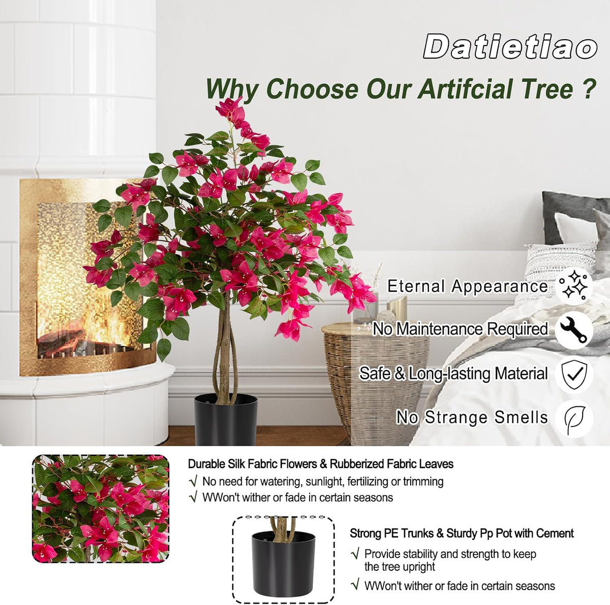 3FT Artificial Bougainvillea Tree with Lush Pink Flowers, Faux Potted Fake Plant, UV Resistant Artificial Tree for Indoor Outdoor Home Decor, Living Room, Office, Patio, Porch