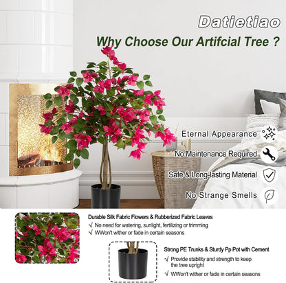 3FT Artificial Bougainvillea Tree with Lush Pink Flowers, Faux Potted Fake Plant, UV Resistant Artificial Tree for Indoor Outdoor Home Decor, Living Room, Office, Patio, Porch