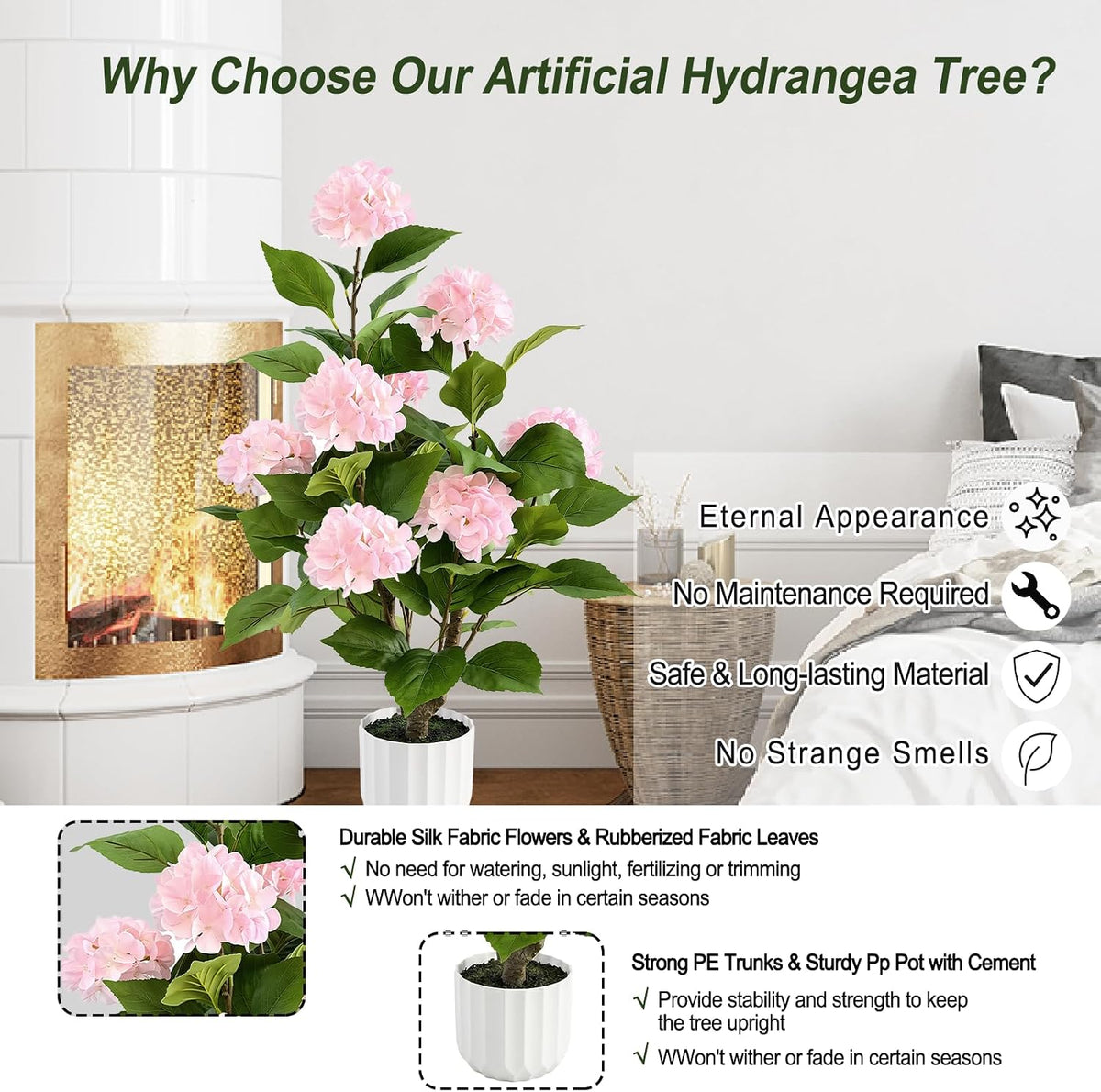3FT Artificial Bougainvillea Tree with Lush Pink Flowers, Faux Potted Fake Plant, UV Resistant Artificial Tree for Indoor Outdoor Home Decor, Living Room, Office, Patio, Porch