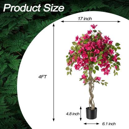 3FT Artificial Bougainvillea Tree with Lush Pink Flowers, Faux Potted Fake Plant, UV Resistant Artificial Tree for Indoor Outdoor Home Decor, Living Room, Office, Patio, Porch