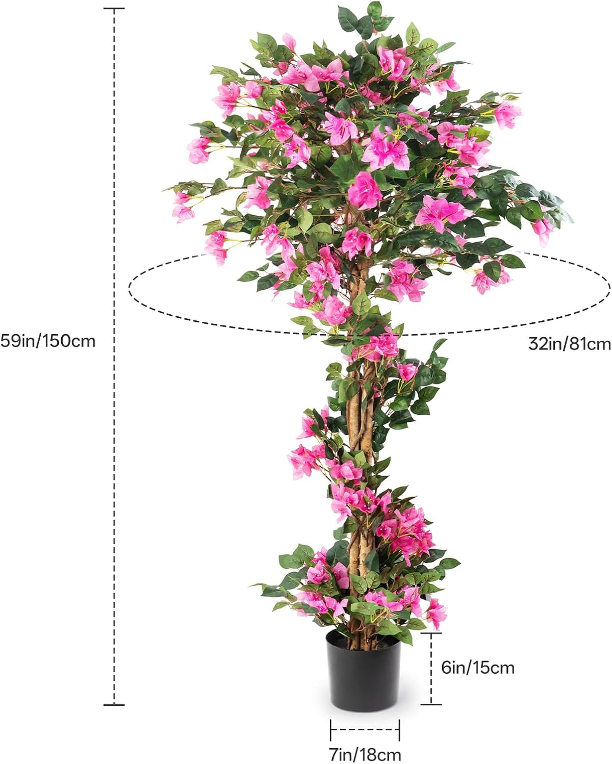 3FT Artificial Bougainvillea Tree with Lush Pink Flowers, Faux Potted Fake Plant, UV Resistant Artificial Tree for Indoor Outdoor Home Decor, Living Room, Office, Patio, Porch