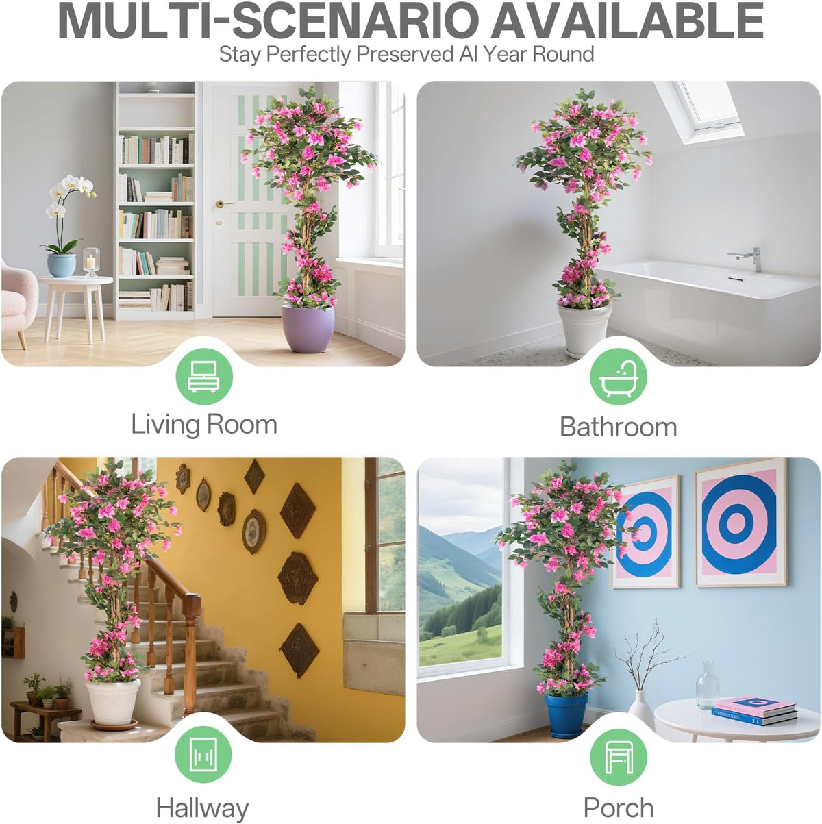 3FT Artificial Bougainvillea Tree with Lush Pink Flowers, Faux Potted Fake Plant, UV Resistant Artificial Tree for Indoor Outdoor Home Decor, Living Room, Office, Patio, Porch