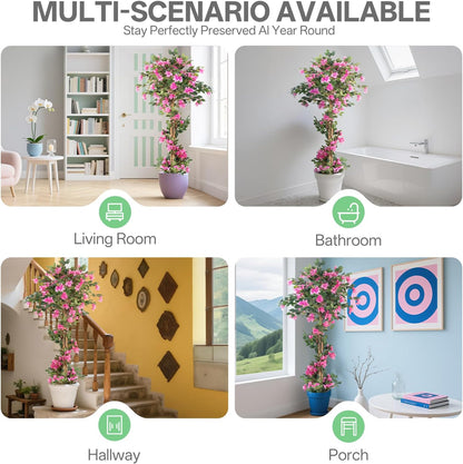 3FT Artificial Bougainvillea Tree with Lush Pink Flowers, Faux Potted Fake Plant, UV Resistant Artificial Tree for Indoor Outdoor Home Decor, Living Room, Office, Patio, Porch