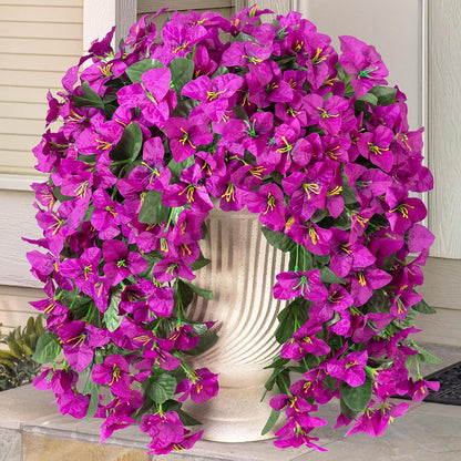INXUGAO 2 pcs Artificial Faux Bougainvillea Flowers Plants for Outdoor Outside Summer Decoration, Fake Silk UV Resistant Long Trailing Vines for Front Door Porch Planter Balcony (Double Lotus)