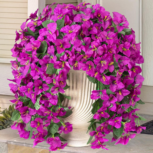 INXUGAO 2 pcs Artificial Faux Bougainvillea Flowers Plants for Outdoor Outside Summer Decoration, Fake Silk UV Resistant Long Trailing Vines for Front Door Porch Planter Balcony (Double Lotus)