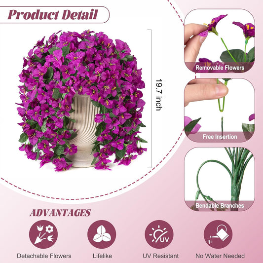 INXUGAO 2 pcs Artificial Faux Bougainvillea Flowers Plants for Outdoor Outside Summer Decoration, Fake Silk UV Resistant Long Trailing Vines for Front Door Porch Planter Balcony (Double Lotus)