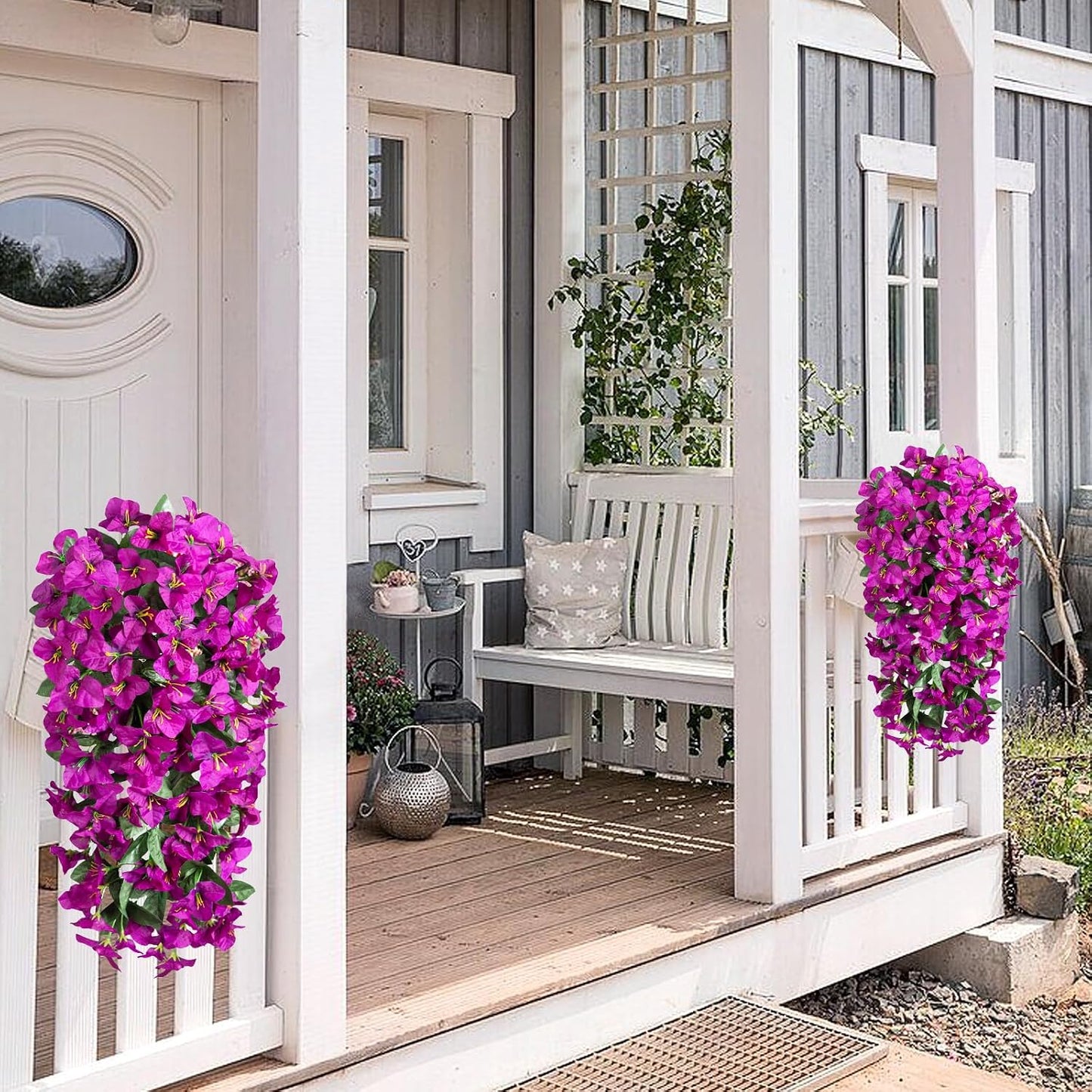 INXUGAO 2 pcs Artificial Faux Bougainvillea Flowers Plants for Outdoor Outside Summer Decoration, Fake Silk UV Resistant Long Trailing Vines for Front Door Porch Planter Balcony (Double Lotus)