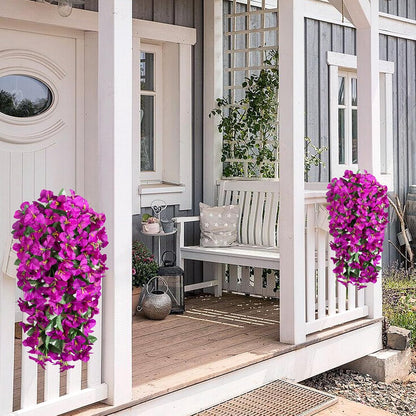 INXUGAO 2 pcs Artificial Faux Bougainvillea Flowers Plants for Outdoor Outside Summer Decoration, Fake Silk UV Resistant Long Trailing Vines for Front Door Porch Planter Balcony (Double Lotus)