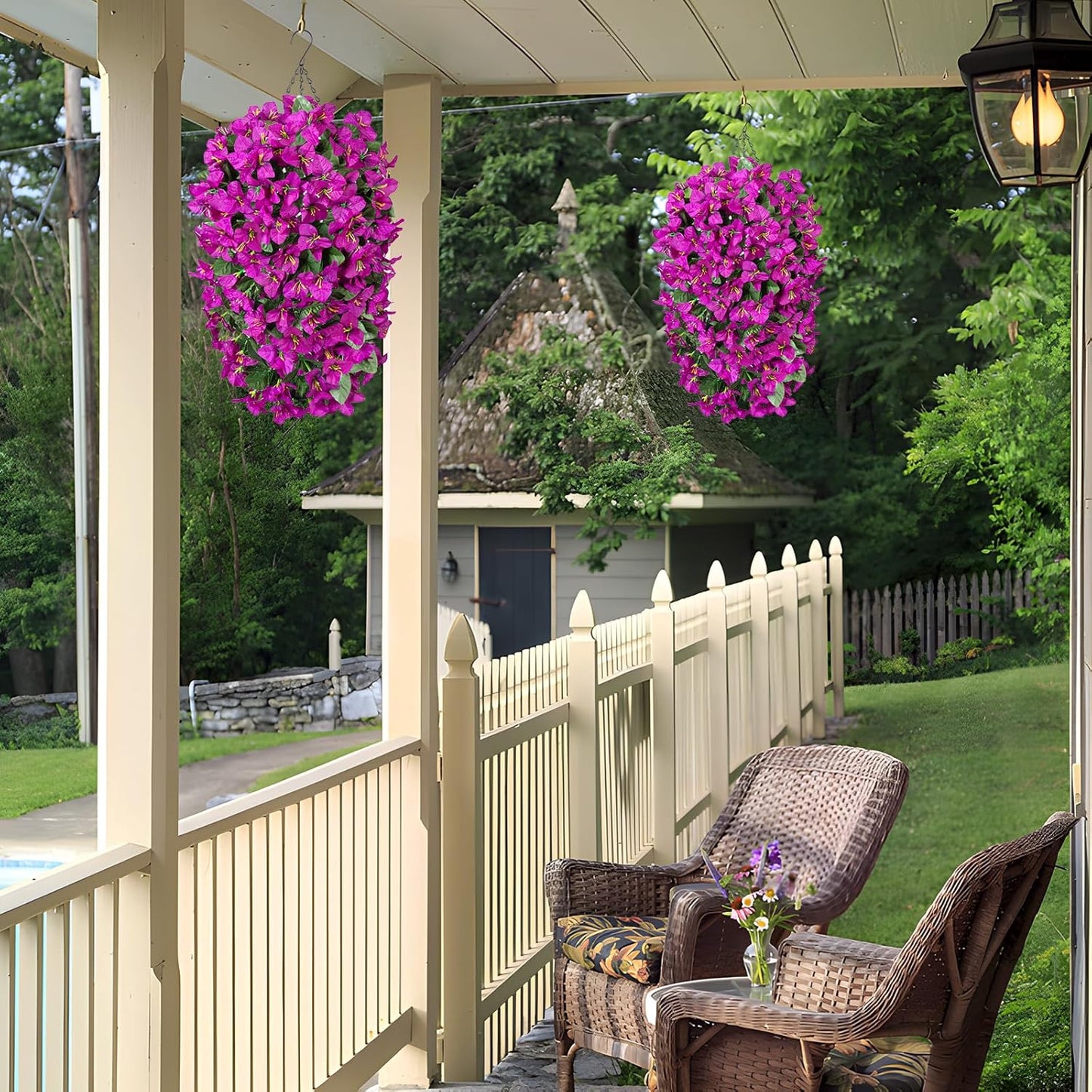 INXUGAO 2 pcs Artificial Faux Bougainvillea Flowers Plants for Outdoor Outside Summer Decoration, Fake Silk UV Resistant Long Trailing Vines for Front Door Porch Planter Balcony (Double Lotus)