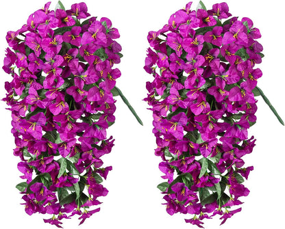 INXUGAO 2 pcs Artificial Faux Bougainvillea Flowers Plants for Outdoor Outside Summer Decoration, Fake Silk UV Resistant Long Trailing Vines for Front Door Porch Planter Balcony (Double Lotus)