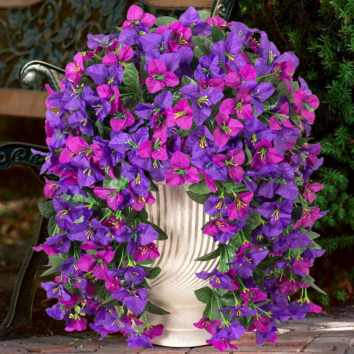 INXUGAO 2 pcs Artificial Faux Bougainvillea Flowers Plants for Outdoor Outside Summer Decoration, Fake Silk UV Resistant Long Trailing Vines for Front Door Porch Planter Balcony (Double Lotus)