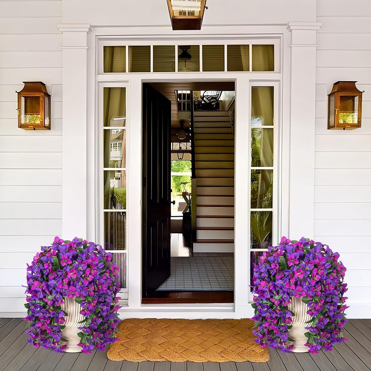 INXUGAO 2 pcs Artificial Faux Bougainvillea Flowers Plants for Outdoor Outside Summer Decoration, Fake Silk UV Resistant Long Trailing Vines for Front Door Porch Planter Balcony (Double Lotus)