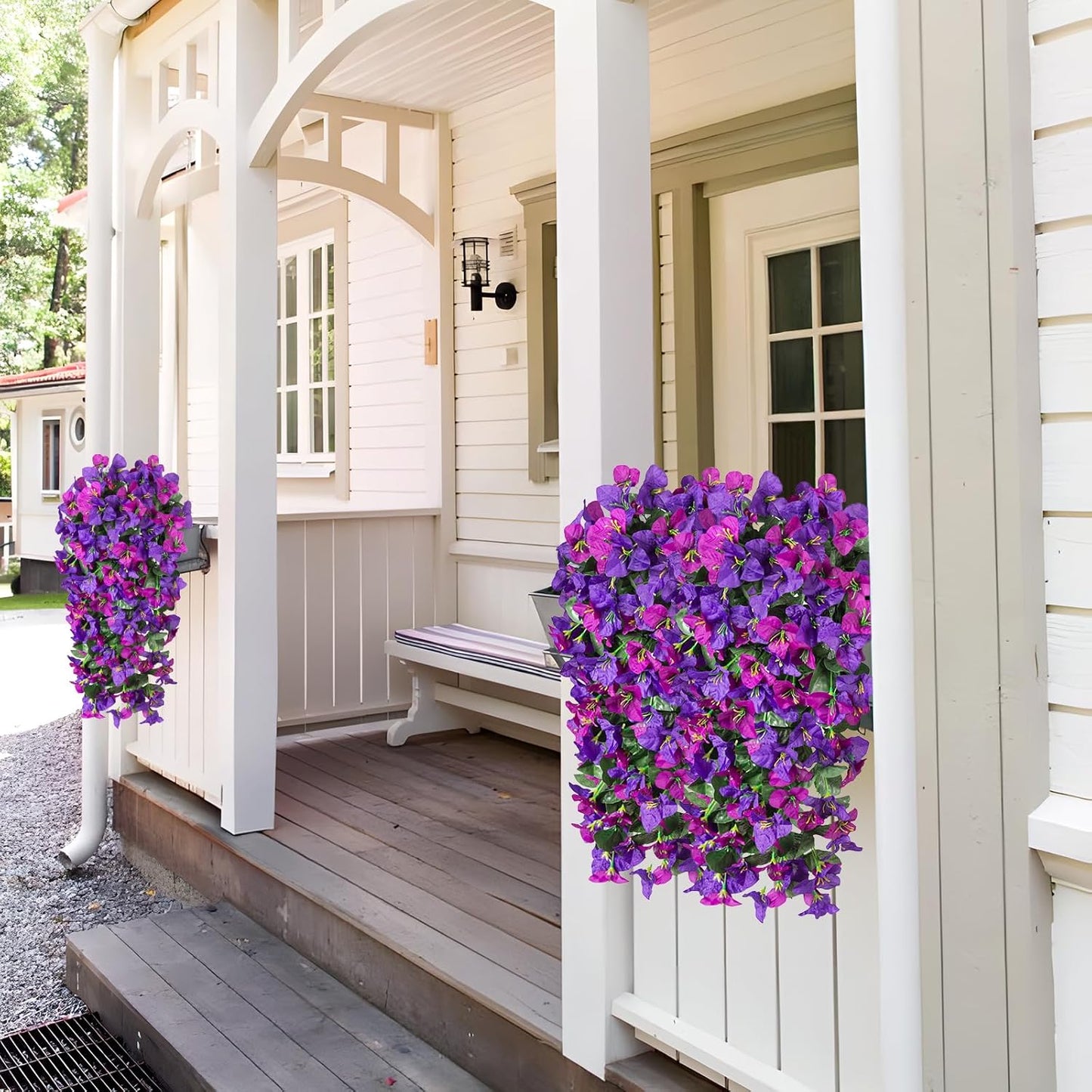 INXUGAO 2 pcs Artificial Faux Bougainvillea Flowers Plants for Outdoor Outside Summer Decoration, Fake Silk UV Resistant Long Trailing Vines for Front Door Porch Planter Balcony (Double Lotus)