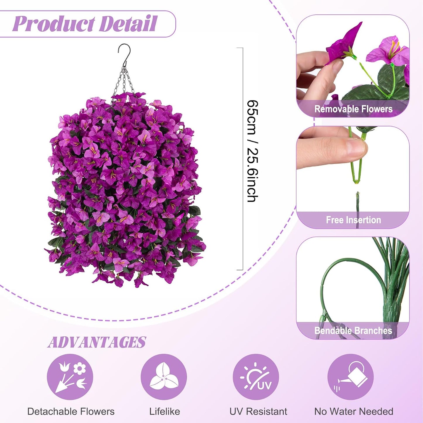 INXUGAO 2 pcs Artificial Faux Bougainvillea Flowers Plants for Outdoor Outside Summer Decoration, Fake Silk UV Resistant Long Trailing Vines for Front Door Porch Planter Balcony (Double Lotus)