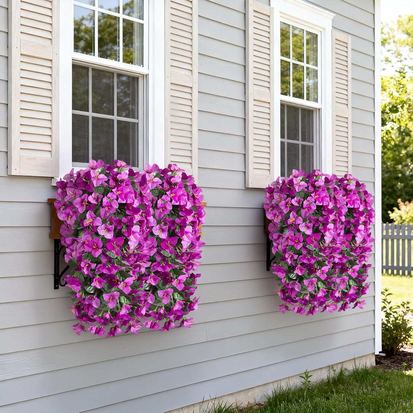 INXUGAO 2 pcs Artificial Faux Bougainvillea Flowers Plants for Outdoor Outside Summer Decoration, Fake Silk UV Resistant Long Trailing Vines for Front Door Porch Planter Balcony (Double Lotus)