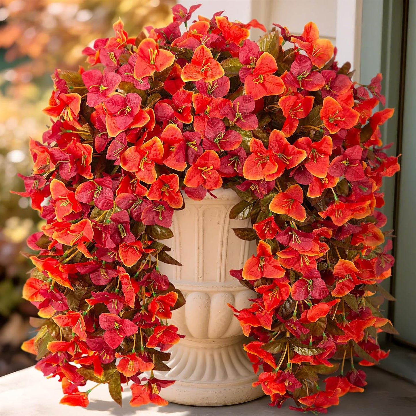 INXUGAO 2 pcs Artificial Faux Bougainvillea Flowers Plants for Outdoor Outside Summer Decoration, Fake Silk UV Resistant Long Trailing Vines for Front Door Porch Planter Balcony (Double Lotus)