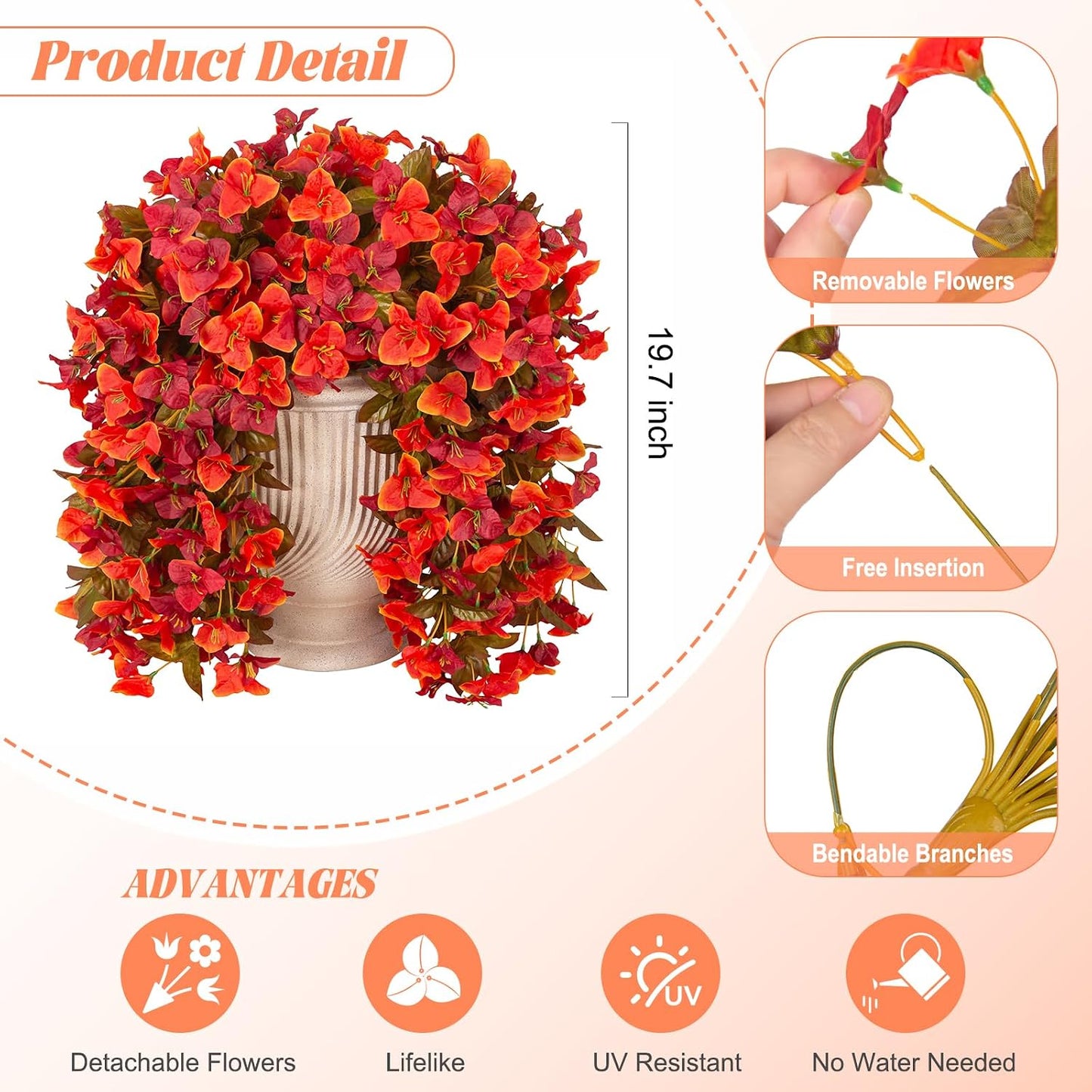 INXUGAO 2 pcs Artificial Faux Bougainvillea Flowers Plants for Outdoor Outside Summer Decoration, Fake Silk UV Resistant Long Trailing Vines for Front Door Porch Planter Balcony (Double Lotus)