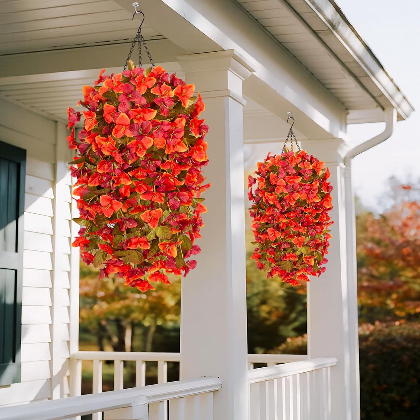 INXUGAO 2 pcs Artificial Faux Bougainvillea Flowers Plants for Outdoor Outside Summer Decoration, Fake Silk UV Resistant Long Trailing Vines for Front Door Porch Planter Balcony (Double Lotus)