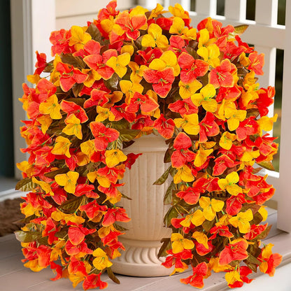 INXUGAO 2 pcs Artificial Faux Bougainvillea Flowers Plants for Outdoor Outside Summer Decoration, Fake Silk UV Resistant Long Trailing Vines for Front Door Porch Planter Balcony (Double Lotus)