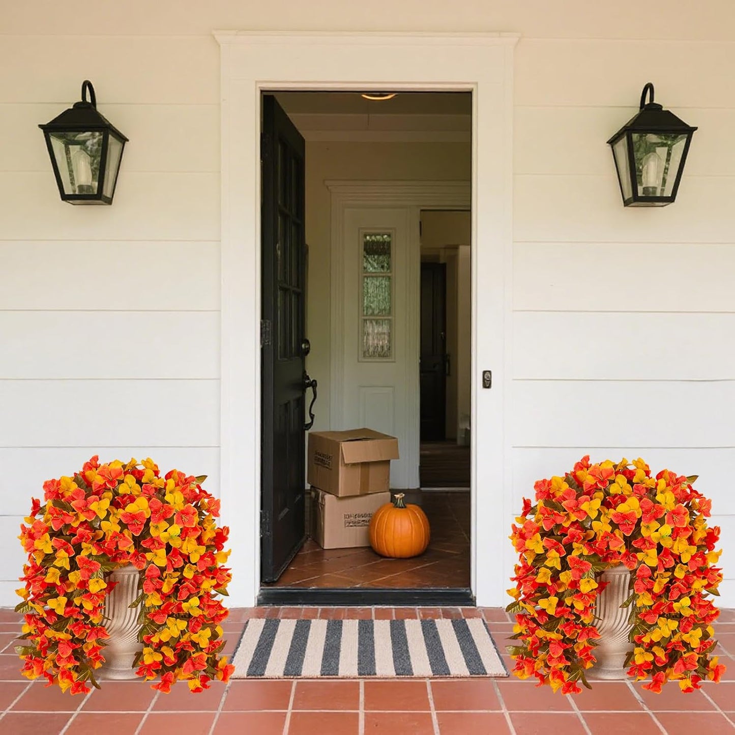 INXUGAO 2 pcs Artificial Faux Bougainvillea Flowers Plants for Outdoor Outside Summer Decoration, Fake Silk UV Resistant Long Trailing Vines for Front Door Porch Planter Balcony (Double Lotus)